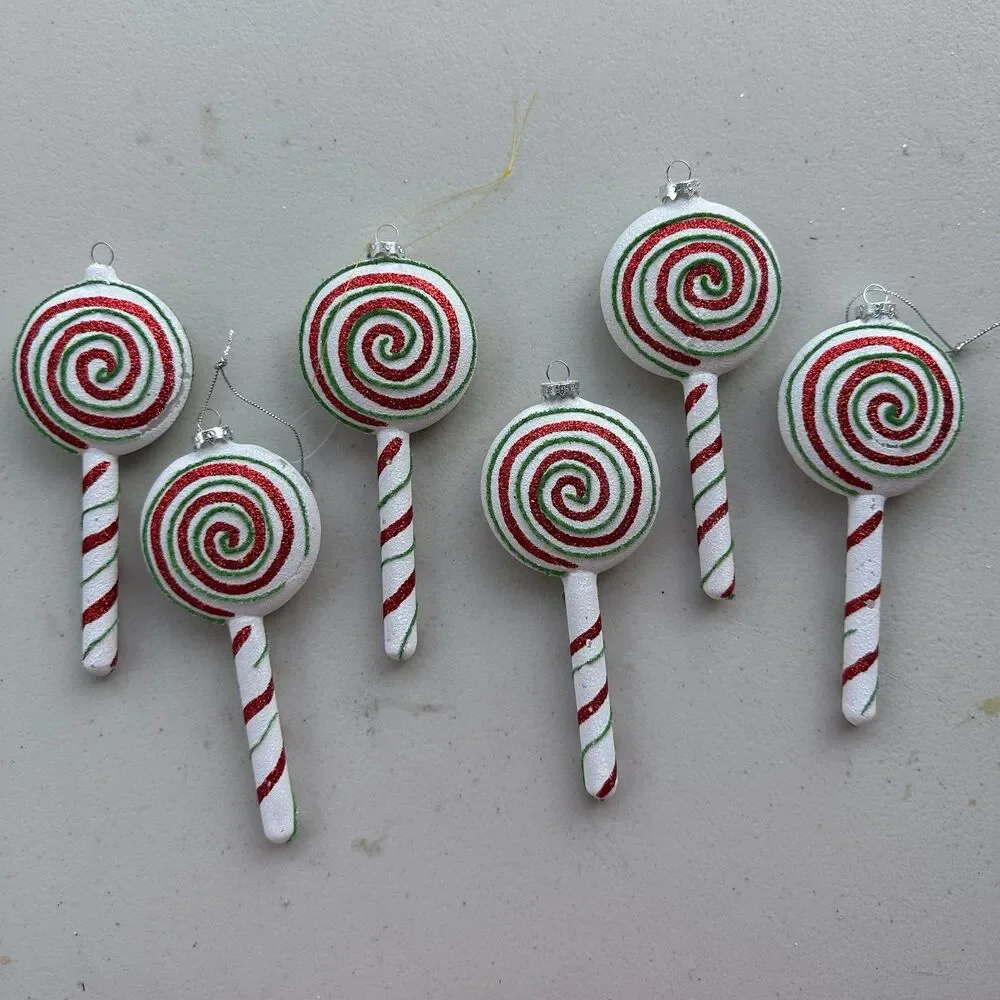 Frosted Glitter Glass Candy Cane Lollipops Christmas Ornaments Set Of 6
